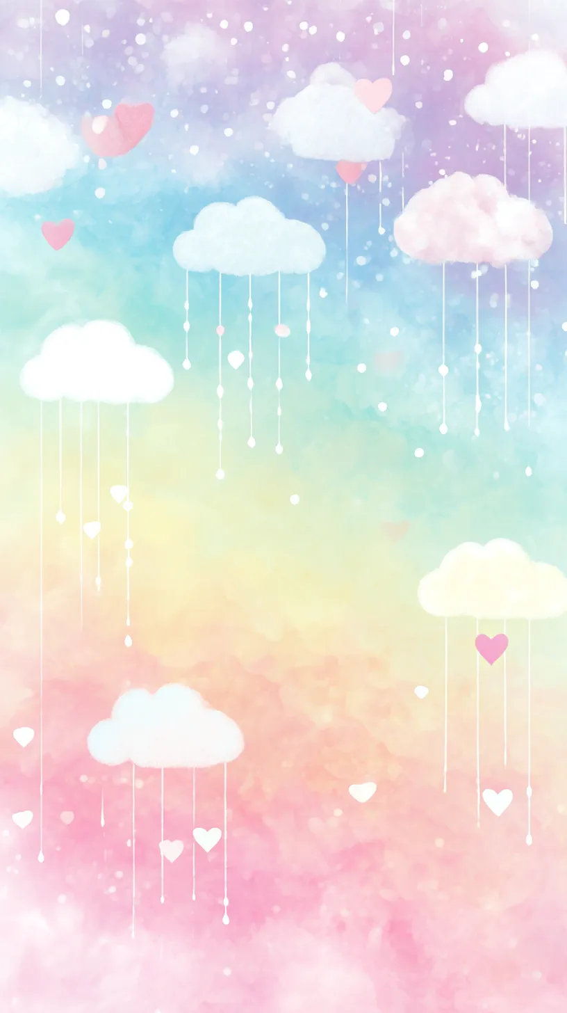 かわいいカラフル壁紙の雲のしずく｜淡いグラデーションの空に浮かぶ雲から、糸のように垂れるハートが描かれたかわいいカラフル壁紙。幻想的な雨の表情がロマンチックな世界を形作っている。
