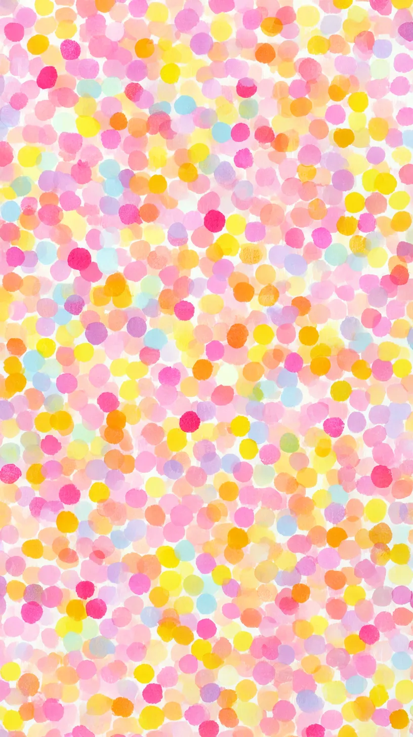 かわいいカラフル壁紙の点描彩｜水彩のにじみを思わせる色とりどりの丸が画面を埋め尽くすかわいいカラフル壁紙。鮮やかなピンクや黄色の粒が並び、軽快で陽気な印象を与えている。