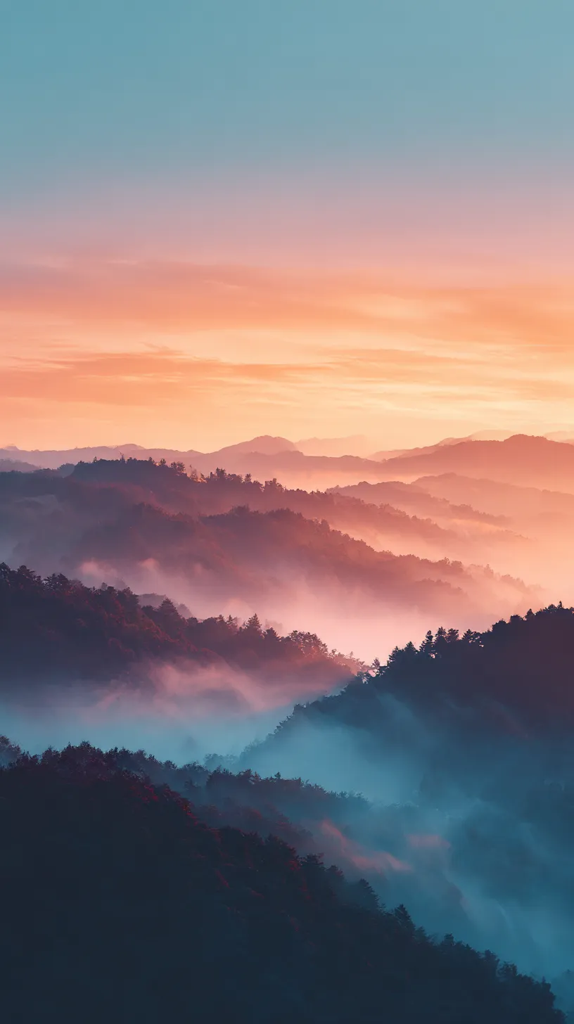 夕焼けに染まるロック画面壁紙｜橙から紫に変わる夕暮れの空が山々を包み、濃淡の霧が層を成して幻想的に広がる。温かな色彩と冷たい影が共存し、儚さと美しさが調和する景観が描かれる。