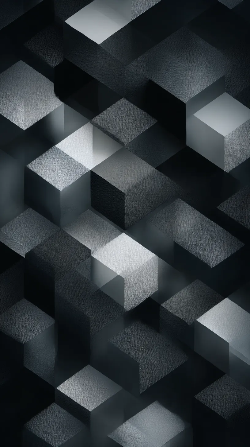 立体影ロック画面壁紙｜黒と銀の立方体が幾何学的に組み合わさり、光と影が硬質な世界を形作る。繰り返される立体のリズムが抽象的な深みを生み、無機質ながら力強い印象を与える。