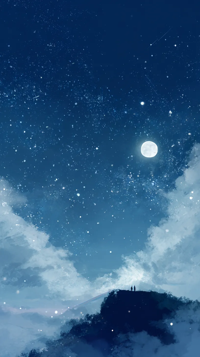 星降る丘ロック画面壁紙｜深い青の夜空に星が散りばめられ、丘の上に小さな人影が佇む。輝く月と無数の星が描く広大な宇宙が、見る者に無限の静けさと物語性を与える。