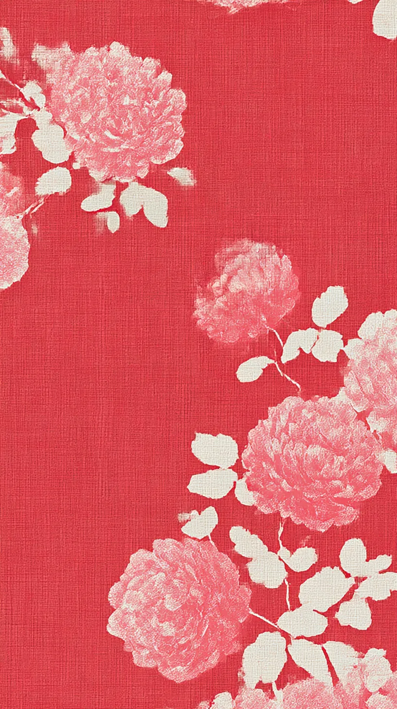 赤のシンプル壁紙 花咲く調べ｜赤のシンプル壁紙は、花の模様が柔らかく浮かび上がる。絵の具のかすれが残るような描写と布地の質感が重なり、可憐で温もりある表情を映し出している。