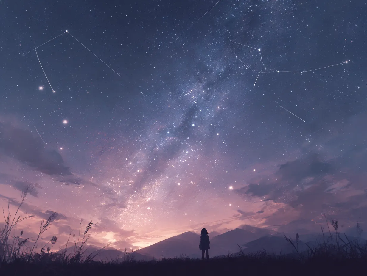 星空の下でタブレット壁紙｜広大な夜空に星座が描かれ、地平線に立つ小さな人物が宇宙の広がりを見上げる。紫から群青へと移ろう空の色彩が奥行きを強調し、無限の静けさと物語性を響かせる。