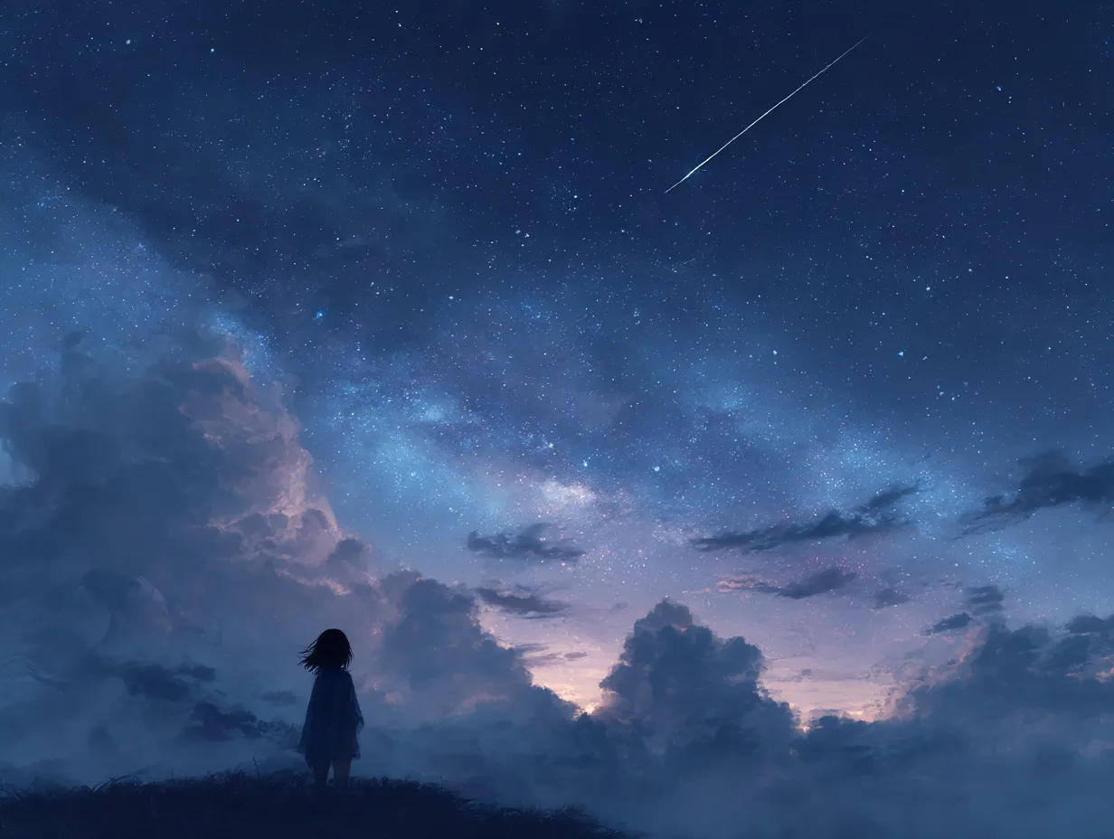 流星と少女のタブレット壁紙｜星空に瞬く流星と雲に包まれた幻想的な夜景の中、少女のシルエットが静かに立つ姿が印象的。深い青と光の対比が広がり、夢と憧れを重ねるような神秘的な表現が画面を満たしている。