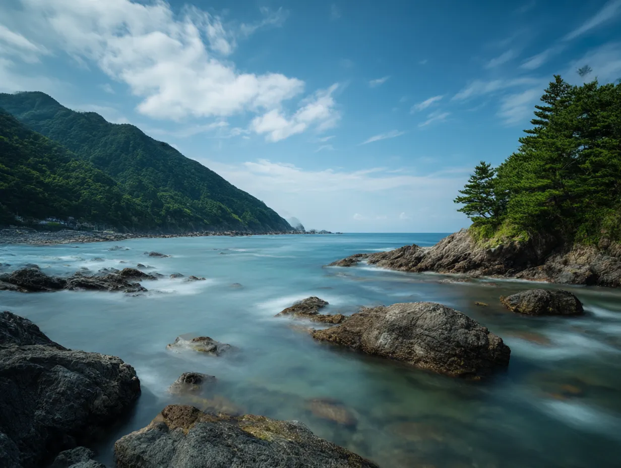 海岸の静寂タブレット壁紙｜青空と海、緑豊かな山並みが調和する海岸風景。波が岩肌を柔らかく撫でるように広がり、透明感のある水面が時間の流れをゆるやかに描く。自然の静けさと奥行きある構図が心に響く。