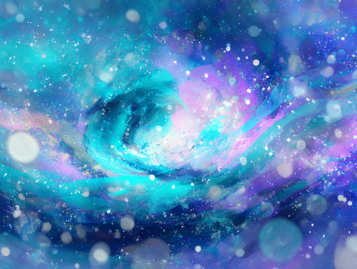 銀河渦のタブレット壁紙｜青と紫を基調にした光の渦が宇宙を思わせる幻想空間を形成。散りばめられた粒子が星のように瞬き、奥行きのある構図が広がりを強調する。光の層が重なり合い、吸い込まれるような表現が際立つ。
