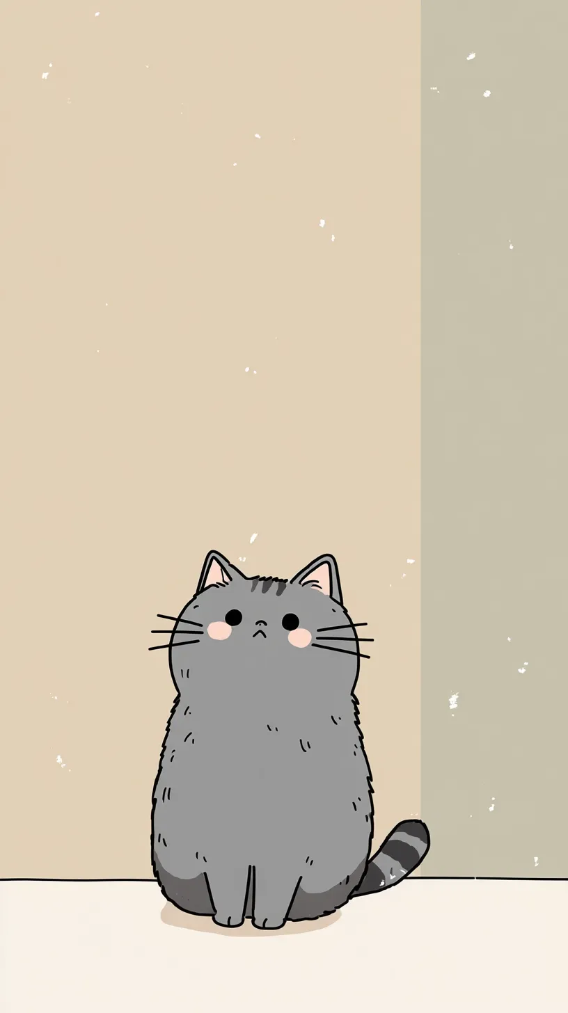 かわいい動物壁紙 グレー猫｜壁際にちょこんと座るグレー猫が、丸い体と上目づかいの表情で描かれたかわいい動物壁紙。シンプルな色調の背景に柔らかい線で仕上げられ、愛らしさとほのかな寂しさが同居する構図が印象的。
