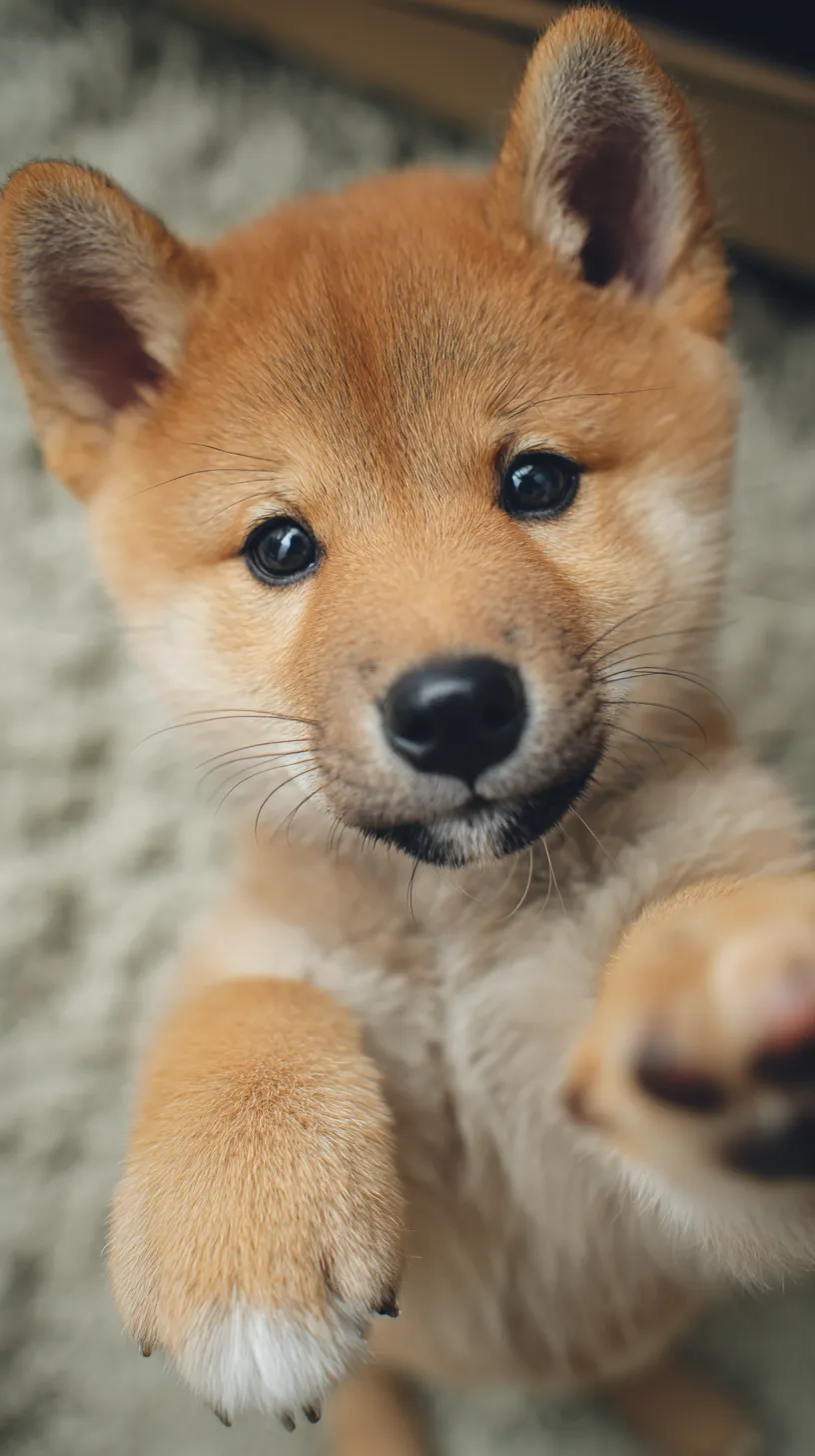かわいい動物壁紙 子犬｜大きな瞳でこちらを見上げる子犬が前足を伸ばす姿を描いたかわいい動物壁紙。毛並みの柔らかな質感と近距離の構図が親しみを強調し、無邪気で愛くるしい印象を与えている。