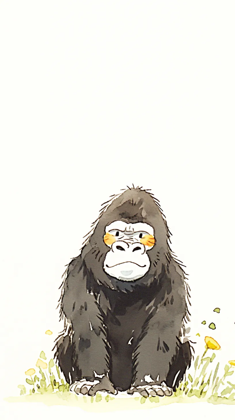 ゴリラ壁紙 草原に座す｜白地にゆったりと描かれたゴリラが草花に囲まれて座る姿は、素朴さと穏やかな存在感を際立たせ、シンプルながら温かみを持つ壁紙。