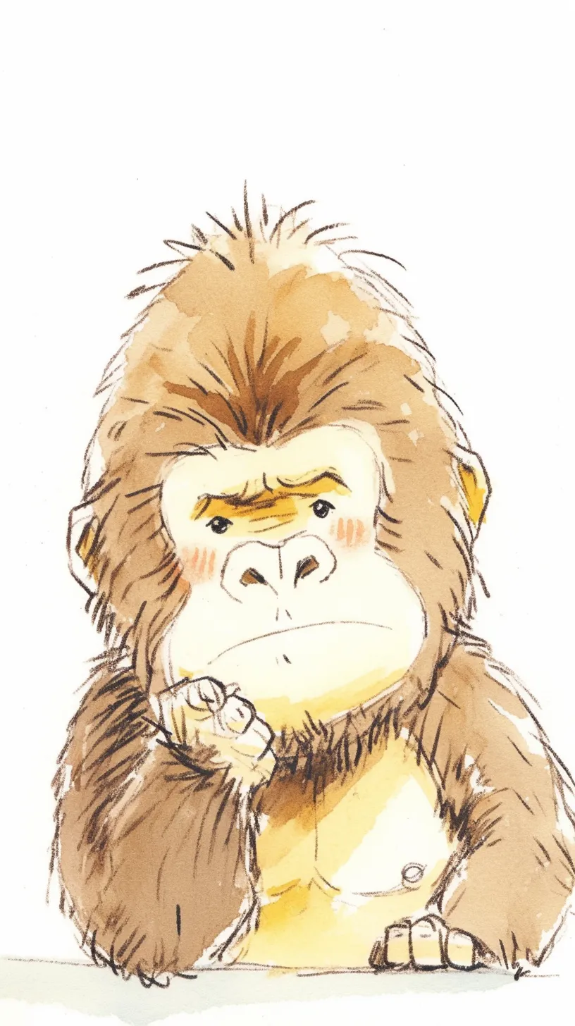 ゴリラ壁紙 考える横顔｜頬杖をつきながら思案顔を浮かべるゴリラが描かれ、茶系の柔らかな筆致が愛嬌を加える。素朴な線と淡い彩色が親しみやすい雰囲気を醸す壁紙。