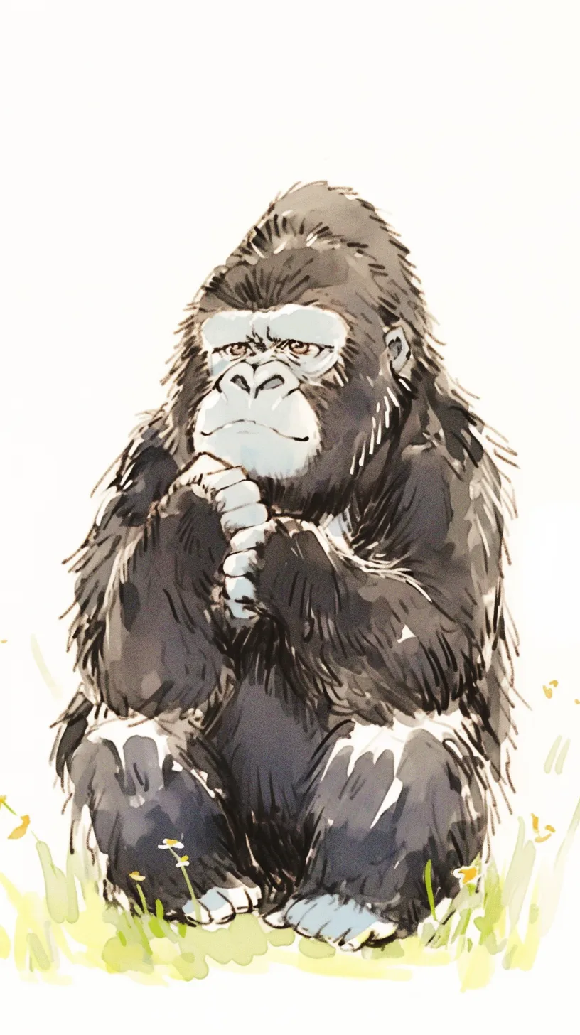 かわいいゴリラ壁紙 思案顔｜かわいいゴリラ壁紙として描かれたイラストは、膝を抱えて考え込む姿が印象的です。毛並みの濃淡や手の組み方が繊細に表現され、穏やかな表情にユーモラスさが漂います。余白を活かした構図が親しみやすさを強調しています。