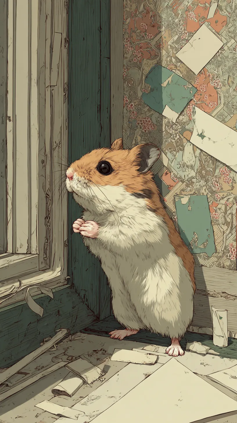 ハムスター壁紙物語の一幕｜古びた壁と窓辺に立つハムスターが描かれ、壁紙に物語性を与えている。小さな前足を合わせた仕草が印象的で、背景の細やかな描写が静かな情緒を強調している。