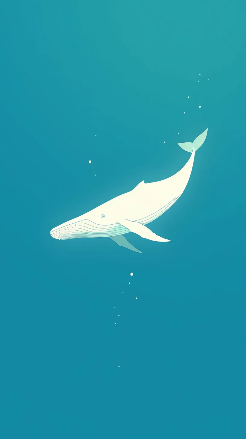 クジラ壁紙静かな海｜澄んだ青の中を漂うクジラが印象的な壁紙。シンプルな描線と余白が調和し、海の広がりと静けさを強く感じさせる構成になっている。
