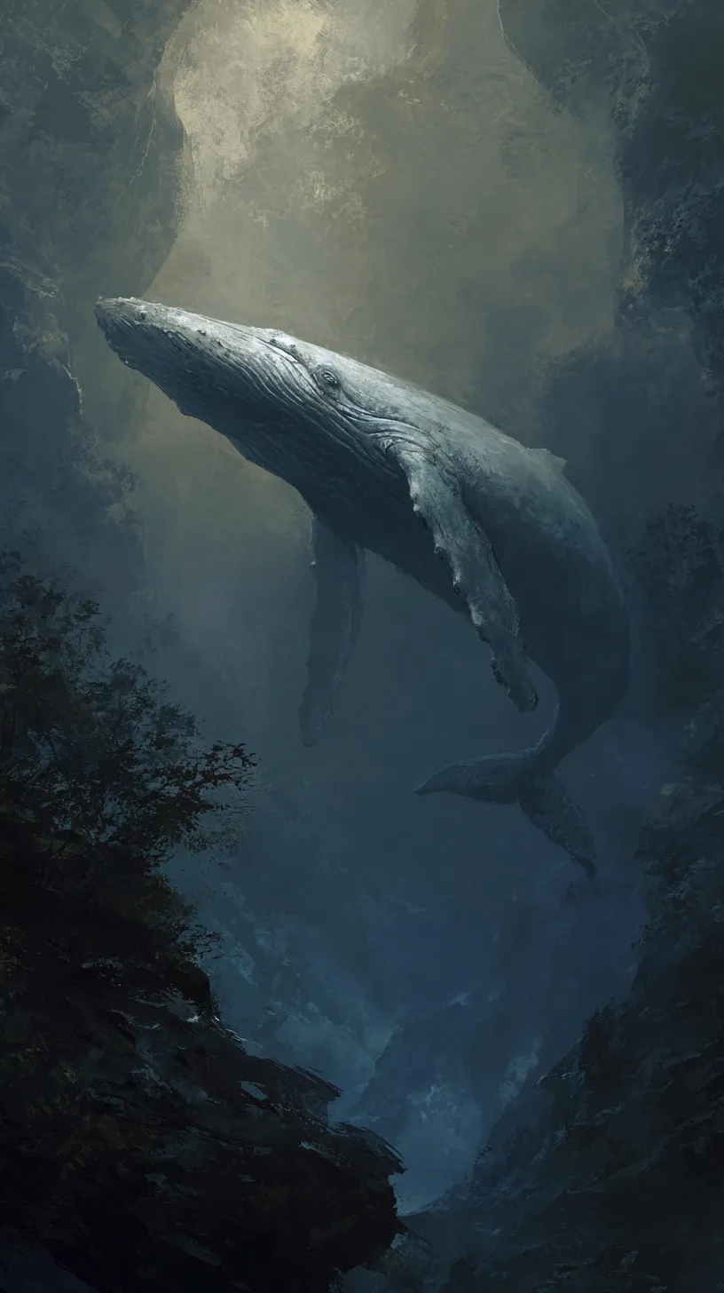 クジラ壁紙深海の光｜深海をゆったりと泳ぐクジラを描いた壁紙。差し込む光が神秘的な陰影を生み出し、巨大な存在感と静謐な空気を同時に漂わせている。