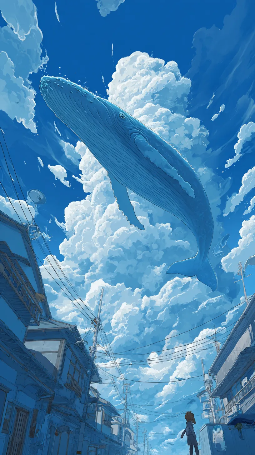 クジラ壁紙空を泳ぐ夢｜雲間を抜けて街の上を漂うクジラが描かれた壁紙。青空と白雲のコントラストが幻想的で、現実と夢が交錯する詩的な雰囲気を纏っている。