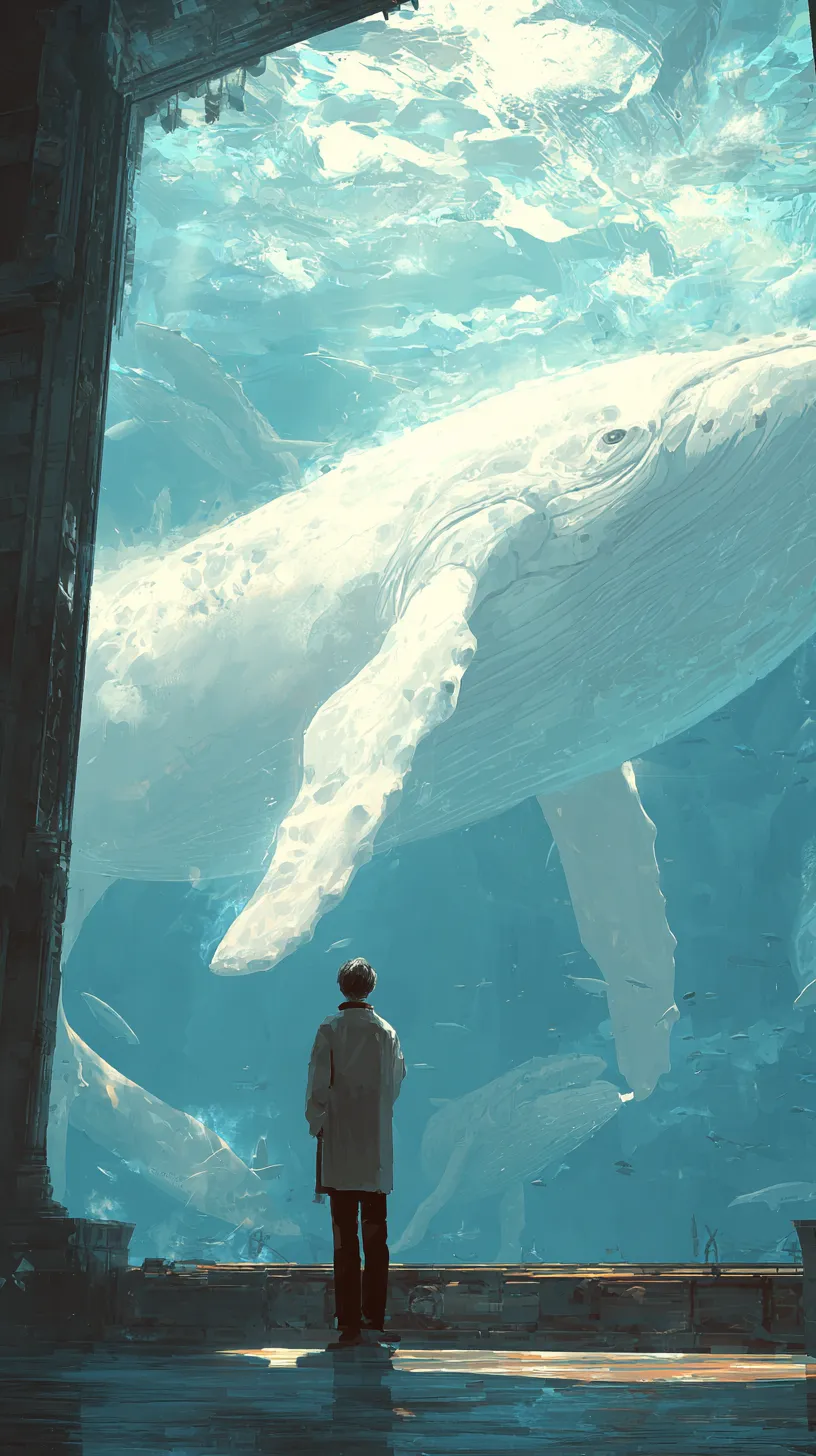 クジラ壁紙巨大な水槽｜人物の前に広がる巨大なクジラを描いた壁紙。ガラス越しに映える透明感とスケール感が圧倒的で、人と自然の対比を鮮烈に表現している。