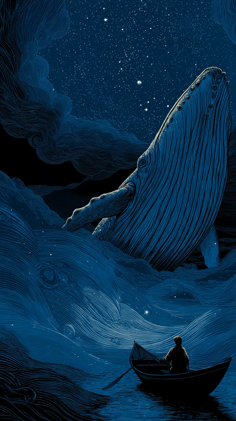 クジラ壁紙星空と舟｜夜空に浮かぶ星々と波間から現れるクジラが印象的な壁紙。舟に乗る人物との対比が幻想的で、宇宙と海が繋がる物語性を感じさせる。