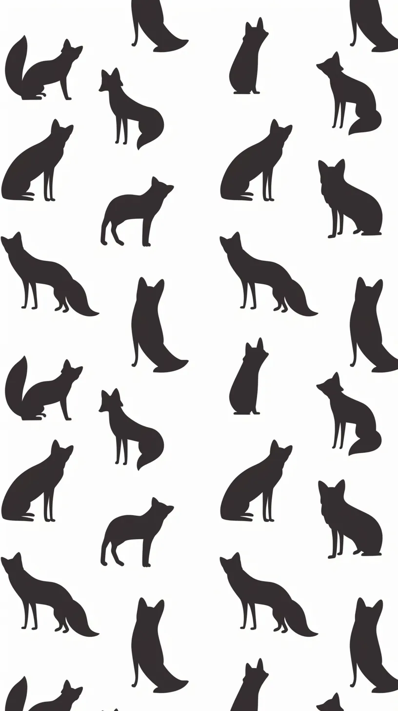 おしゃれ動物壁紙 黒きつねパターン｜黒いシルエットのキツネたちが異なる姿勢で規則的に配置されたおしゃれ動物壁紙。座る、立つ、見上げるといった動きがリズムを作り出し、白背景との強い対比がモダンな雰囲気を醸し出している。