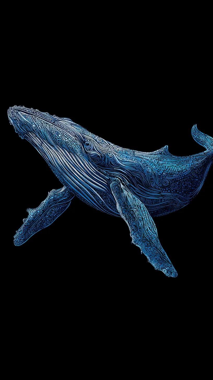 クジラ壁紙模様の軌跡｜複雑な文様が全身を覆うクジラを描いた壁紙。深いブルーの陰影と緻密な装飾が融合し、神秘的で装飾的な存在感を放っている。