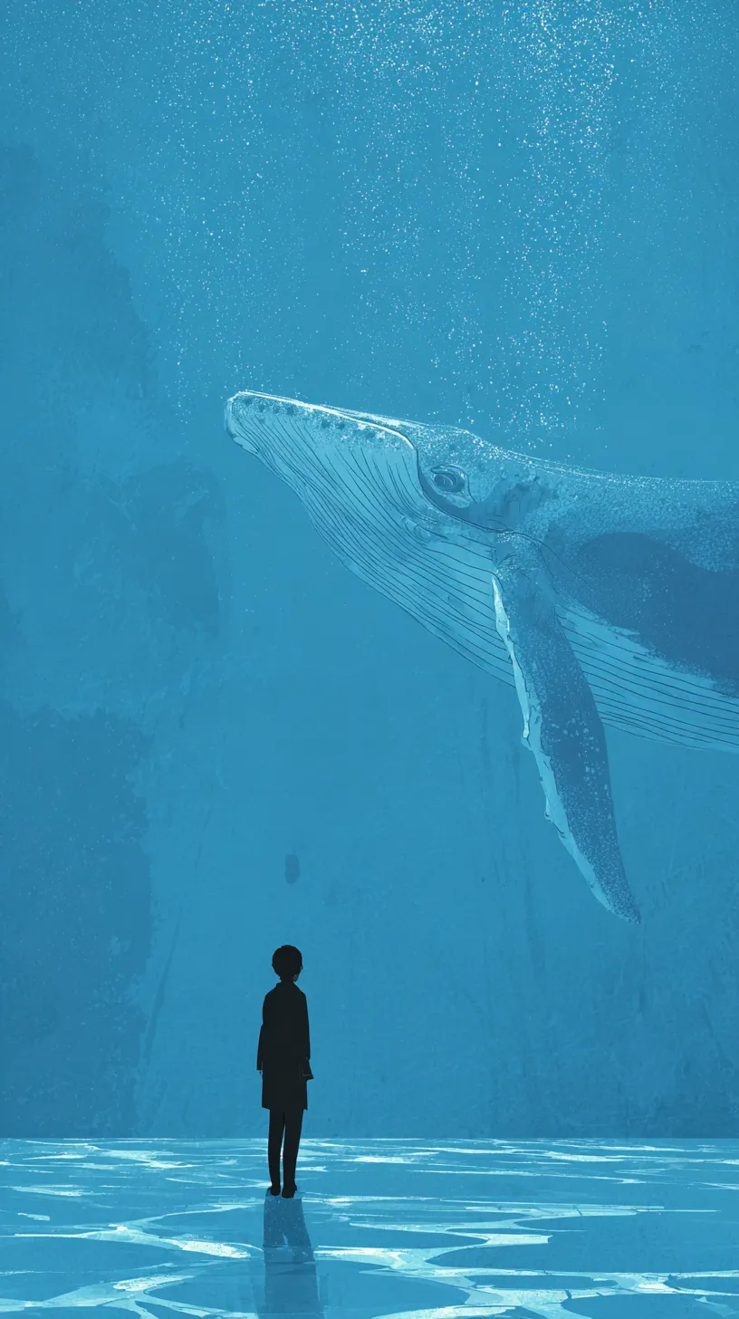 クジラ壁紙視線の先に｜青の世界で向かい合う人物とクジラを描いた壁紙。静かな対話を思わせる構図が印象的で、孤独と調和が同居する幻想的な雰囲気を漂わせている。