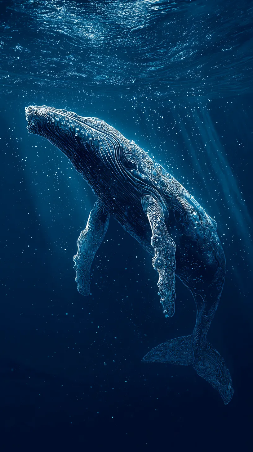 クジラ壁紙蒼海の紋様｜水中に光が差し込み、模様を纏ったクジラが浮かぶ壁紙。装飾的な線と光の粒子が重なり、神秘的で荘厳な空間を生み出している。