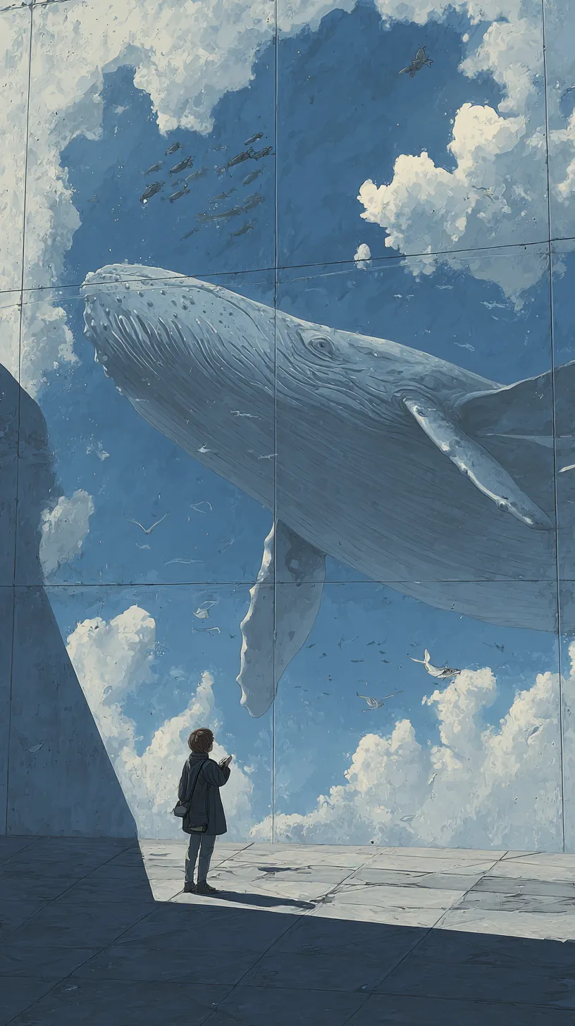 クジラ壁紙壁面の幻想｜壁に映し出された巨大なクジラを見上げる人物が描かれた壁紙。現実と絵画の境界を曖昧にし、空と海を繋ぐ壮大な情景を強調している。