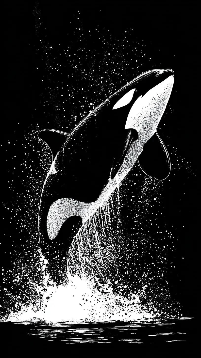 シャチ壁紙 白黒の躍動｜黒背景に水飛沫を散らしながら大きく跳ね上がるシャチが描かれ、力強いコントラストと粒子の表現で生命感を際立たせた壁紙です。
