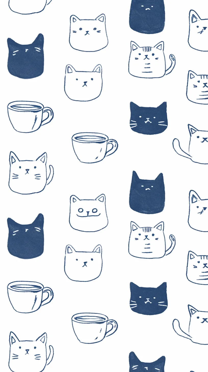おしゃれ動物壁紙 猫とカップ｜手描き風の猫の顔とカップが交互に並ぶ遊び心あるおしゃれ動物壁紙。藍色の単色表現が清潔感を与え、表情の異なる猫たちと日常的なモチーフの組み合わせが軽やかな親しみやすさを演出している。