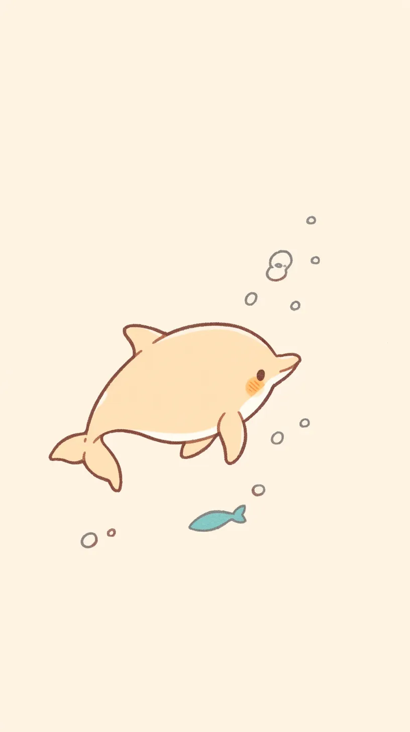 イルカ壁紙 柔らかな泡｜やさしい色合いで描かれたイルカが小さな魚と並び泳ぎ、泡のリズムが軽快な印象を添える可愛らしい壁紙です。