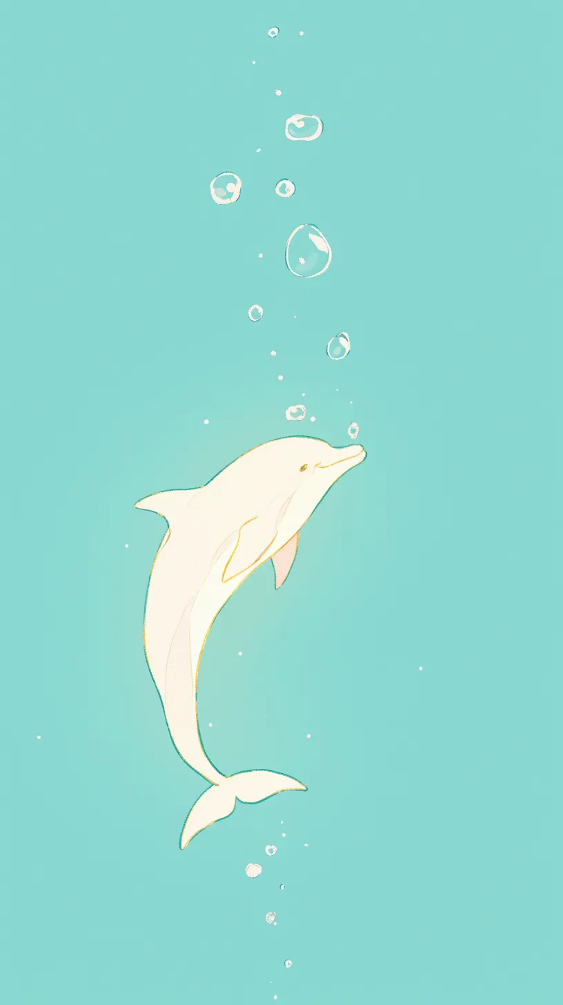 イルカ壁紙 泡のきらめき｜水色の中に浮かぶイルカが繊細な泡とともに描かれ、淡い線の表現が優美で幻想的な雰囲気を漂わせる壁紙です。