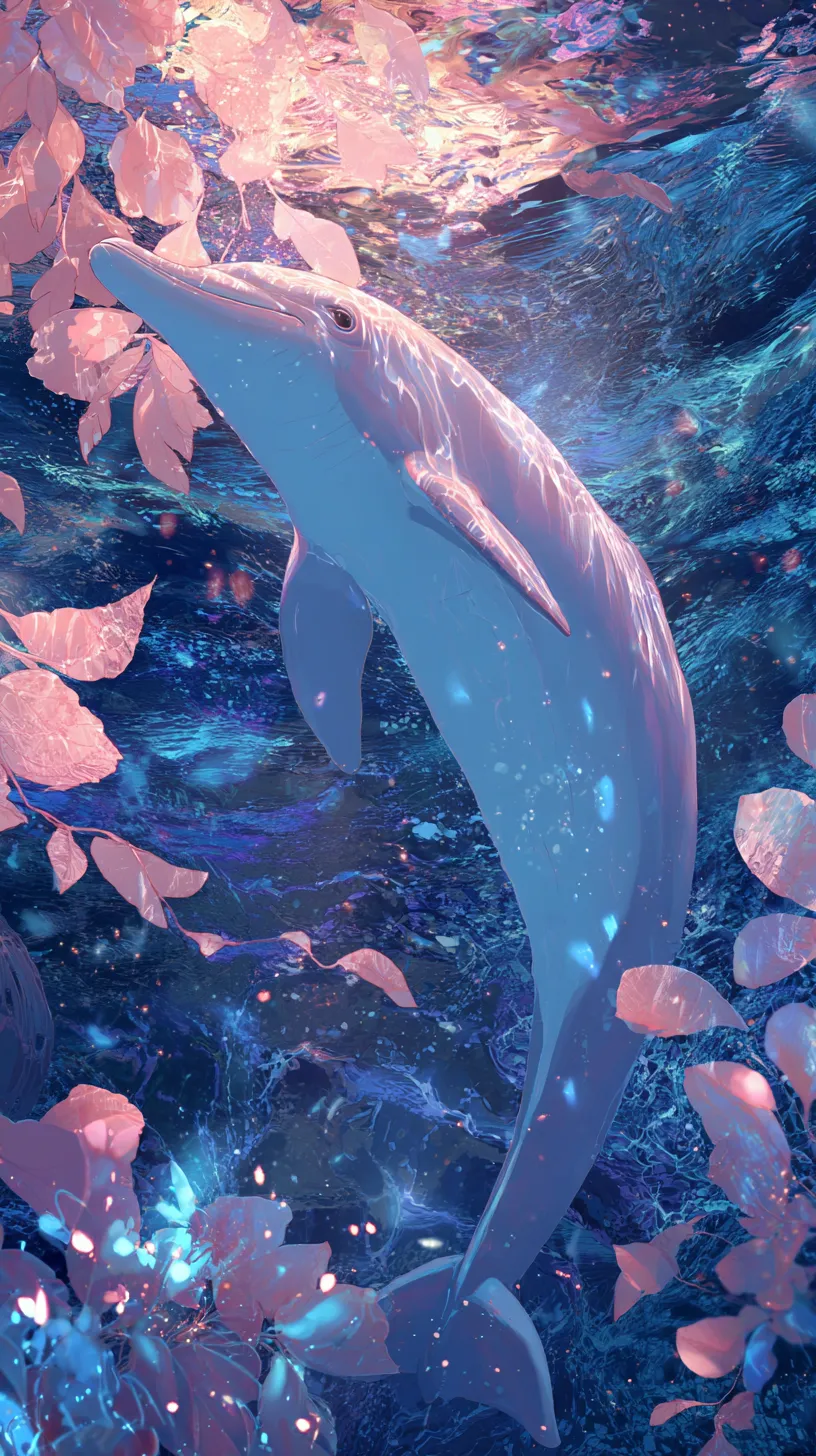 イルカ壁紙 幻想の光｜水中の葉と光が混ざり合い、イルカの姿に柔らかな輝きを添える構成で、幻想的な美しさを強調した壁紙です。