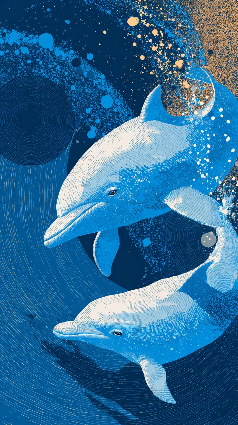 イルカ壁紙 青の旋律｜流れる筆致と水飛沫のパターンで描かれるイルカ二頭が、ダイナミックに絡み合い舞う音楽的な構成の壁紙です。