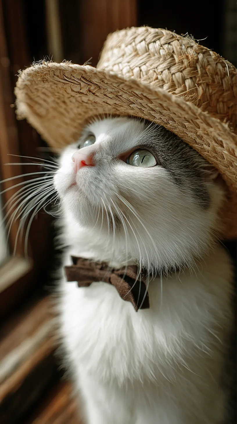 おしゃれ動物壁紙 麦わら帽子猫｜麦わら帽子をかぶった猫が窓辺で光を浴びる姿を切り取ったおしゃれ動物壁紙。瞳の輝きと毛並みの柔らかな質感が丁寧に表現され、ナチュラルで落ち着いた可愛らしさを醸し出している。