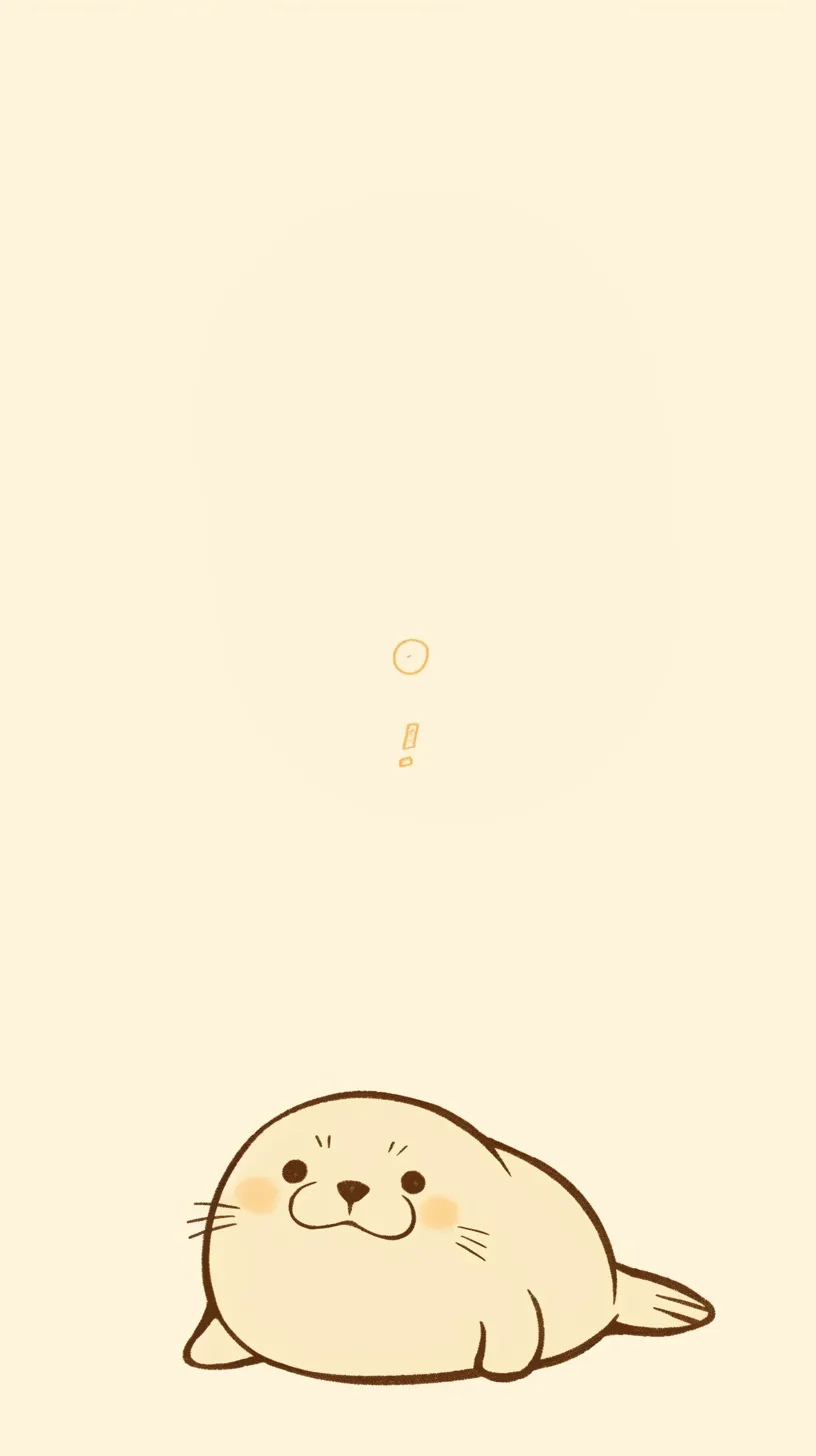 アザラシ壁紙 小さな発見｜淡いクリーム色の背景にちょこんと座るアザラシが描かれた壁紙。中央に浮かぶ小さな記号と共に、シンプルな線と温かみのある色合いが素朴な魅力を引き出している。