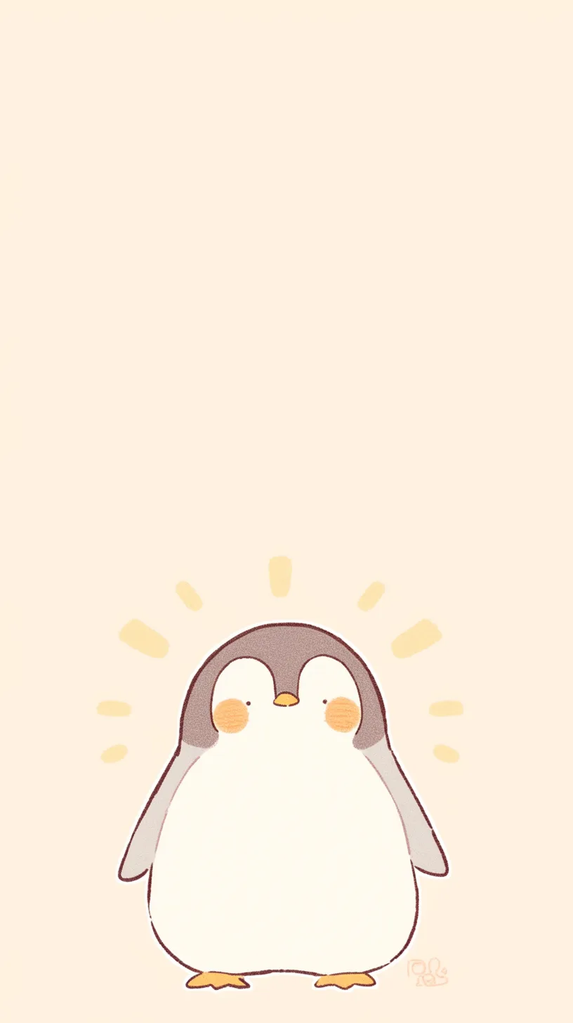 ペンギン壁紙 ほのぼの微笑み｜中央に小さく描かれたペンギンが淡い光に包まれた壁紙。頬の赤みと放射状の線が温もりを強調し、素朴な笑みが画面いっぱいに広がる優しい雰囲気を与える。