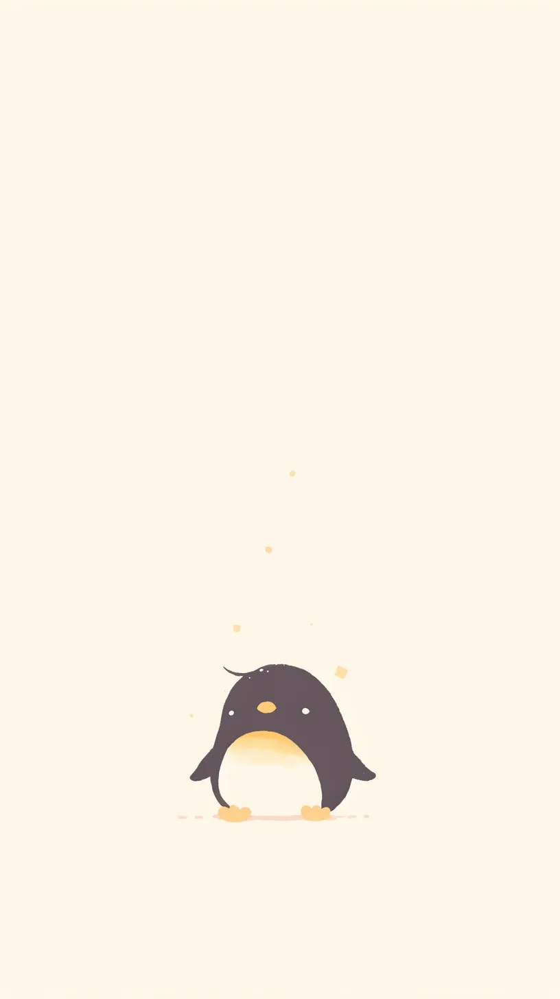ペンギン壁紙 小さなひととき｜余白を広く取った構図の中で、小さなペンギンが佇む壁紙。柔らかい色調と淡い影が落ち着いた空気を醸し出し、ささやかな可愛らしさを引き立てている。