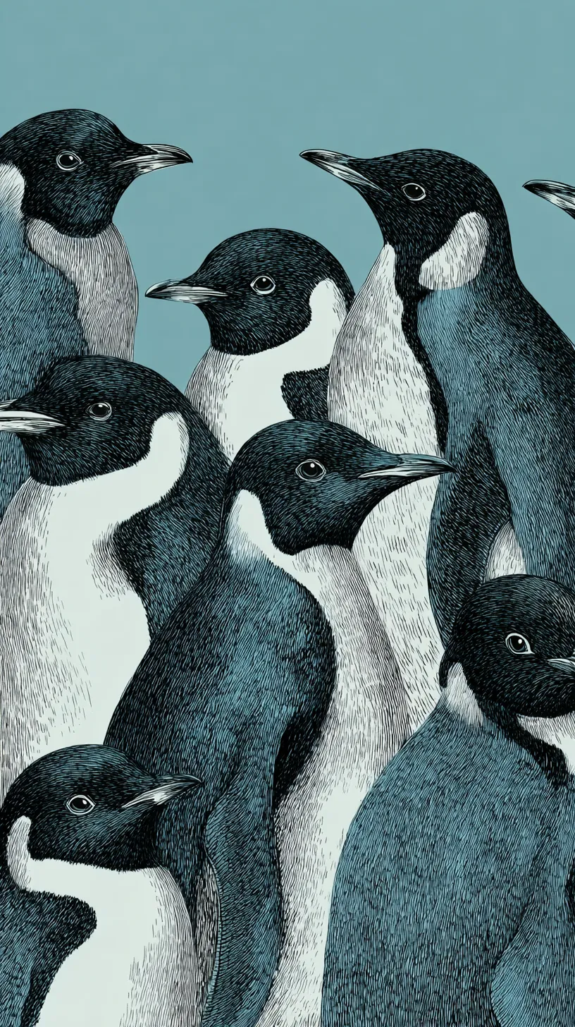 ペンギン壁紙 群れの視線｜青みがかった背景に複数のペンギンが群れをなすように描かれた壁紙。精緻な線画と重なる構図が迫力を与え、個々の視線が交わることで群れの生き生きとした力強さを感じさせる。