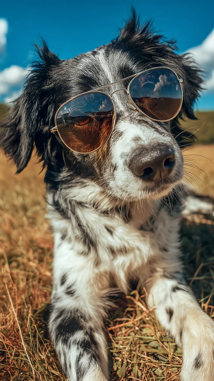 おしゃれ動物壁紙 サングラス犬｜芝生の上でサングラスをかけた犬がくつろぐ姿を描いたおしゃれ動物壁紙。レンズに映り込む風景が印象的で、青空と犬のモノトーン毛並みの対比が爽やかな開放感を際立たせている。