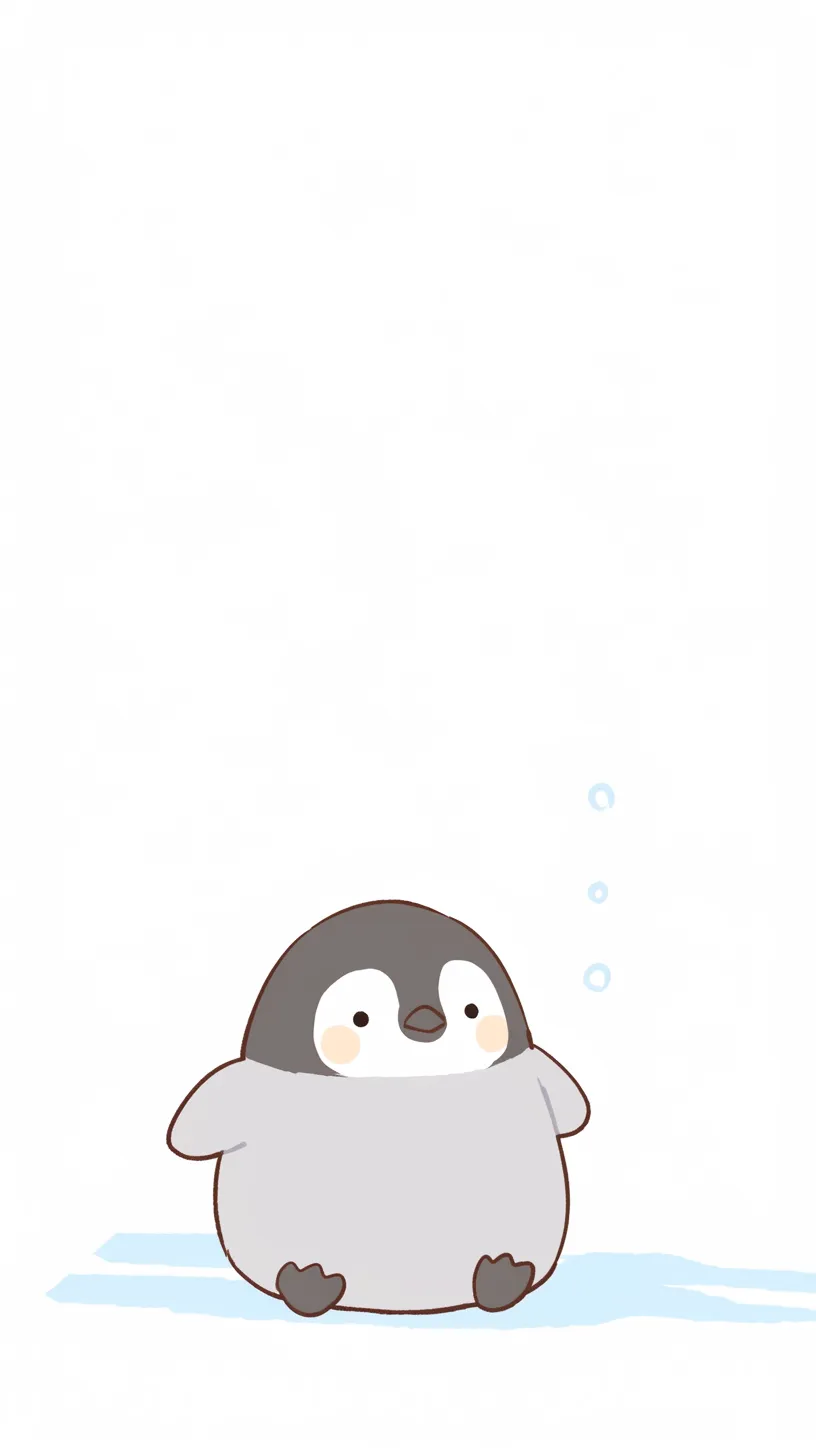 ペンギン壁紙 小さな座り姿｜白背景にぽつんと座るペンギンの姿を描いた壁紙。足元に青い氷の面が添えられ、余白と相まって素朴な空気感が広がり、小さな存在の可憐さを際立たせている。