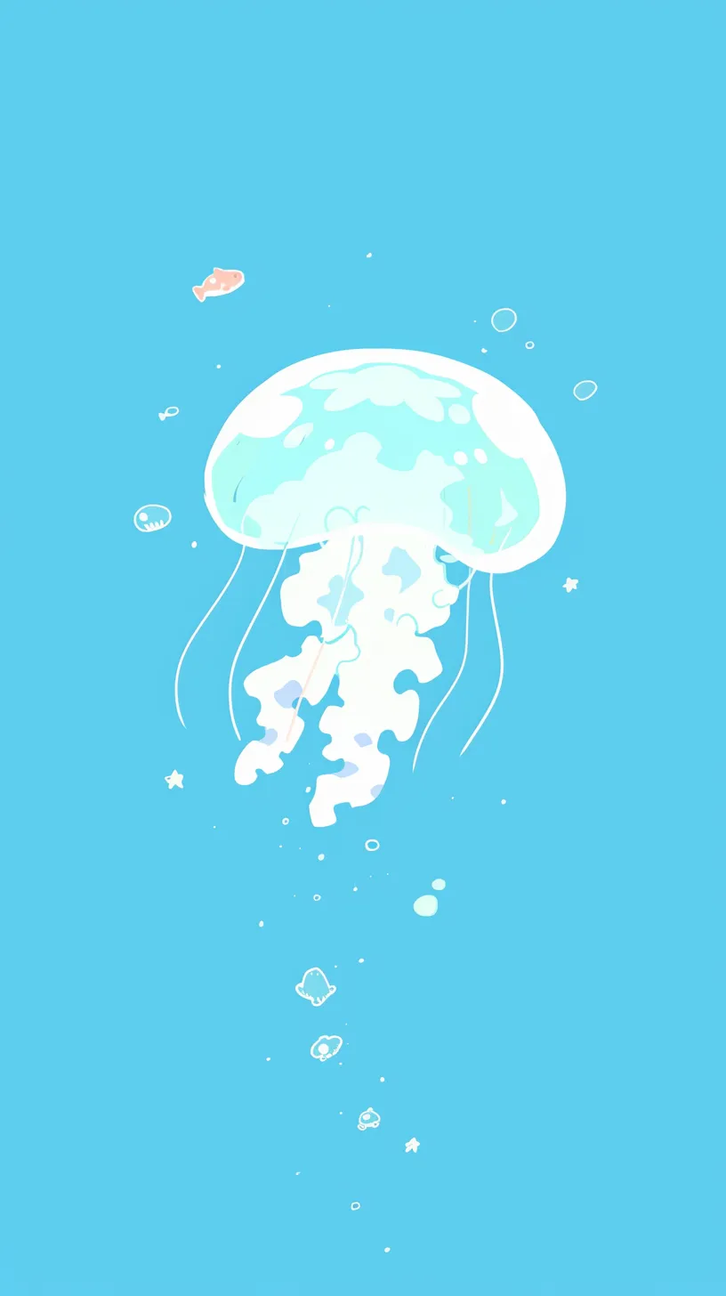かわいいクラゲ壁紙 泡と海の夢｜透き通る青の中を漂うかわいいクラゲ壁紙。柔らかな水色の身体に泡や小さな魚が添えられ、海の奥行きを感じさせる構図になっている。ふんわり広がる触手が水中の揺らぎを表現し、静かな癒しを届けるような幻想的な世界が広がっている。