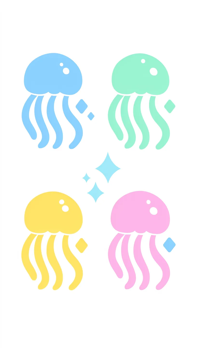 かわいいクラゲ壁紙 カラフルポップ｜水色・緑・黄色・ピンクのかわいいクラゲ壁紙。ポップな配色が明るさを際立たせ、均整のとれたレイアウトが視覚的に楽しい印象を与えている。シンプルな形と鮮やかな色彩が組み合わさり、日常を彩る遊び心に満ちた雰囲気が表現されている。