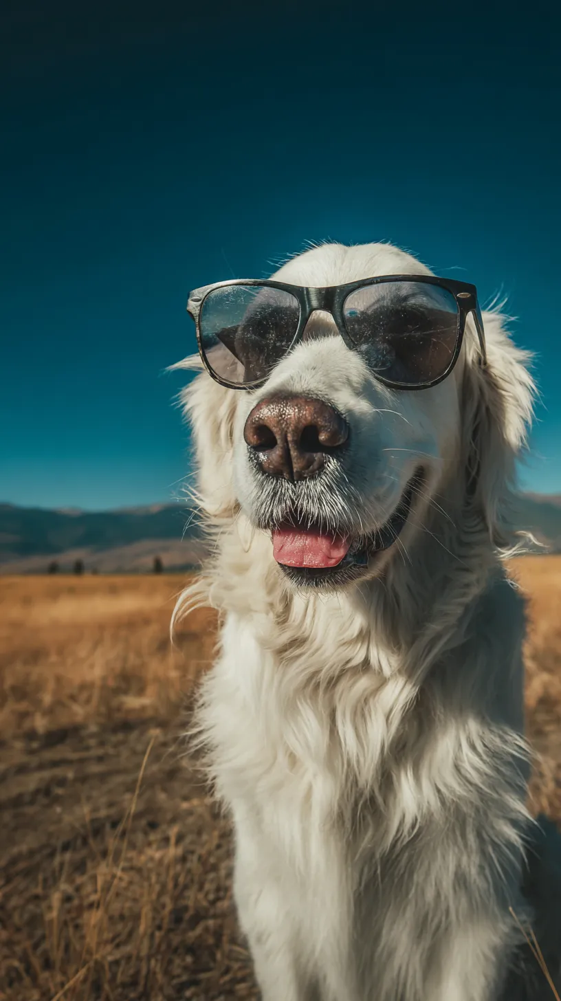 おしゃれ動物壁紙 白犬の夏空｜澄んだ青空を背景にサングラスをかけた白犬が微笑むおしゃれ動物壁紙。柔らかい毛並みと楽しげな表情が夏らしい軽快さを伝え、広がる空間の中で存在感が際立つ構図になっている。
