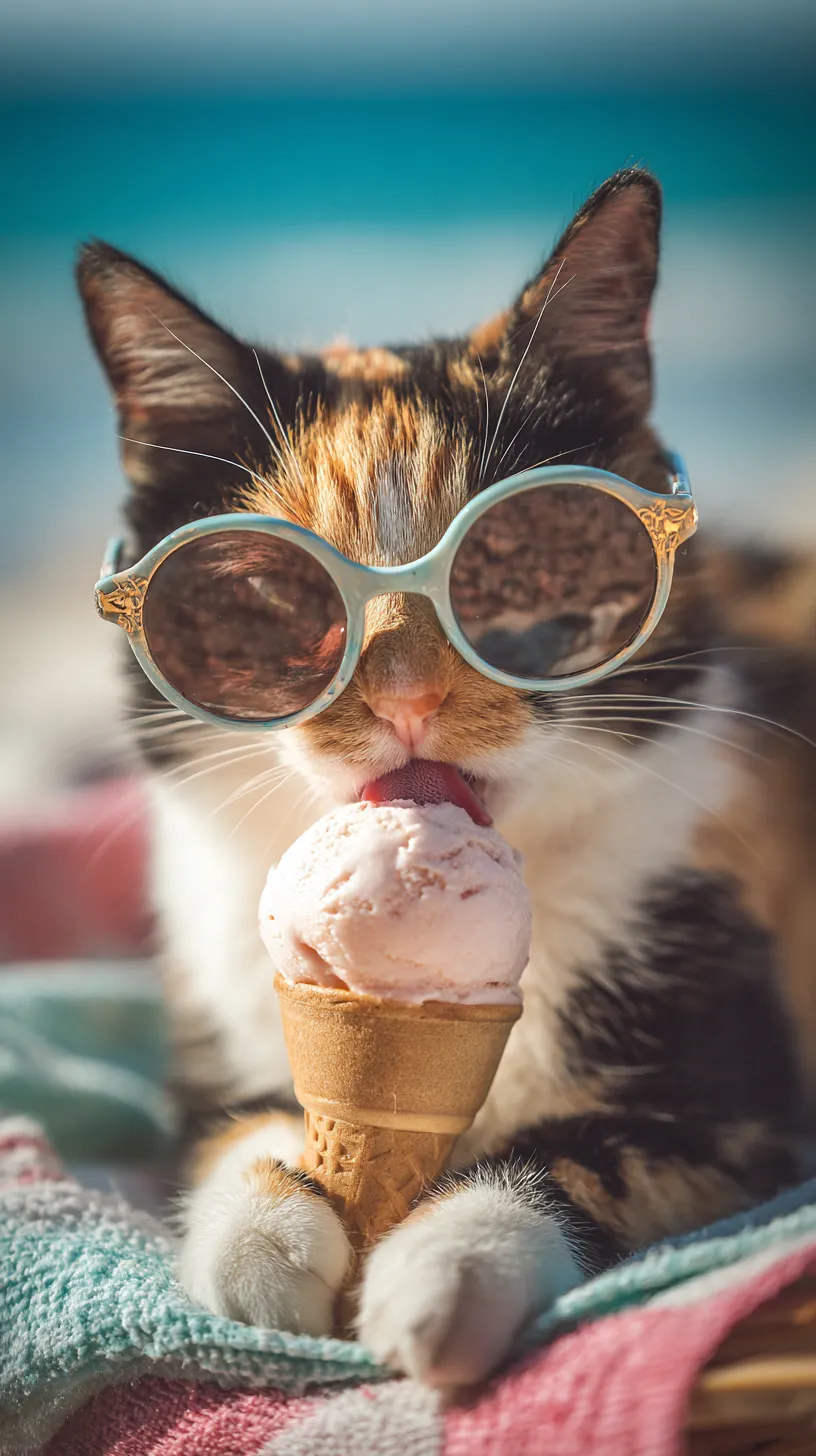 おしゃれ動物壁紙 アイス猫｜サングラスをかけアイスクリームをなめる猫が描かれたおしゃれ動物壁紙。ビーチを思わせる背景と甘いひとときの仕草が融合し、遊び心あふれる夏のリゾート感を演出している。