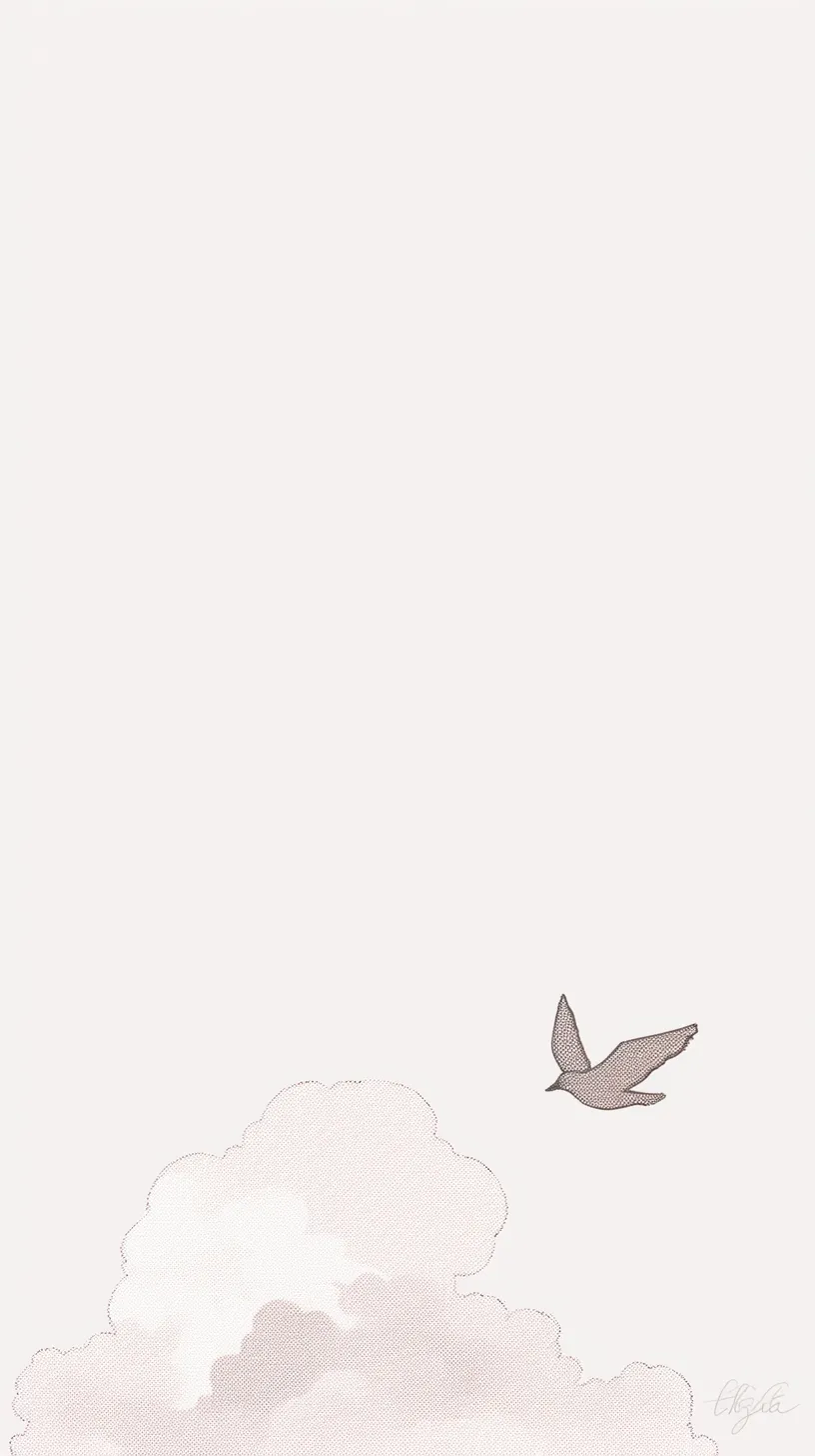 鳥壁紙の雲と飛翔｜淡い雲の上を一羽の鳥が舞う姿を描いた壁紙。最小限の色と線で広がりを表現し、空間の余白が自由さと軽やかな雰囲気を強めている。