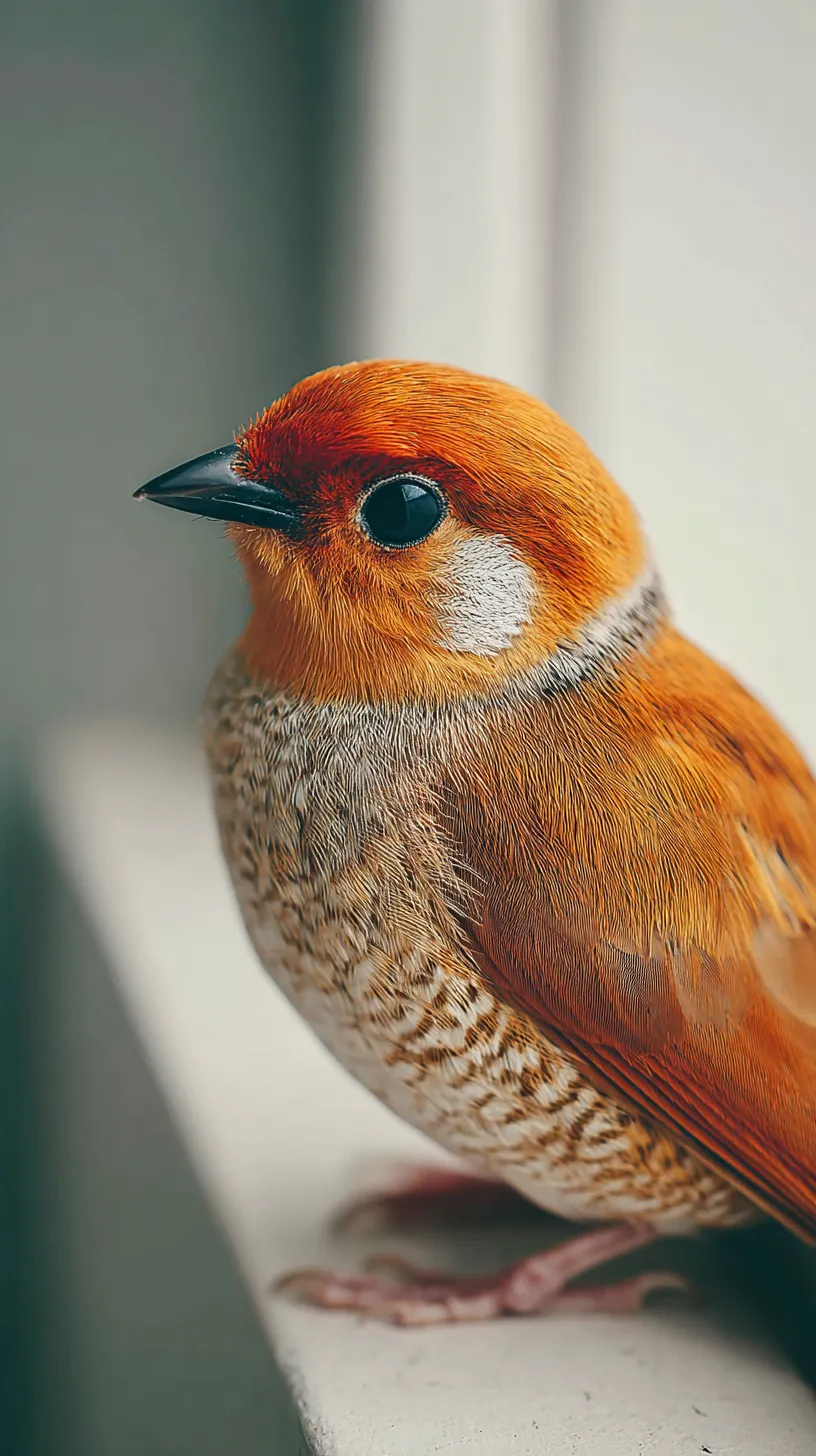 鳥壁紙の橙色の瞳｜オレンジ色の羽根を持つ小鳥が描かれた壁紙。羽毛の質感と黒い瞳がリアルに表現され、柔らかな光の中で生命感と存在感が際立つ構図になっている。