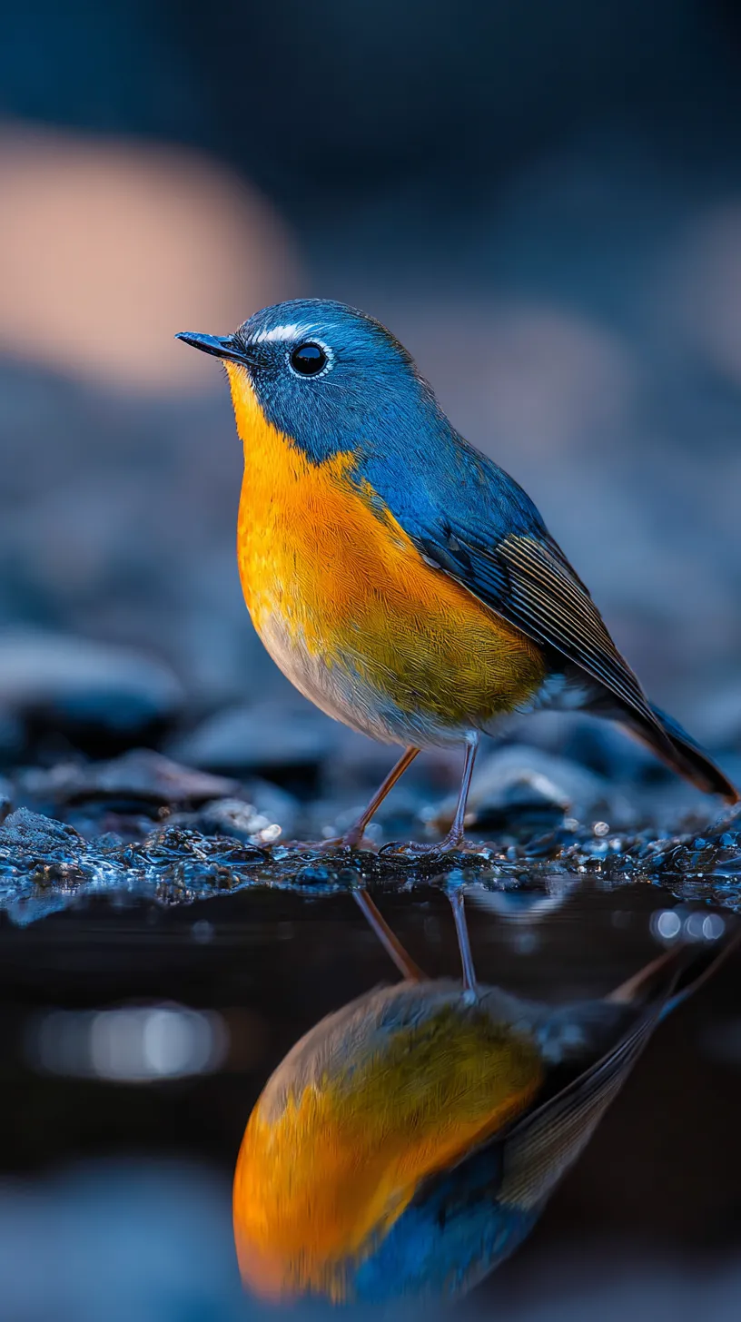 鳥壁紙の水辺の影｜青と橙のコントラストを持つ小鳥が水辺に佇む壁紙。水面に映る姿が静けさを生み、鮮やかな色彩が自然の中での美しい調和を印象づけている。