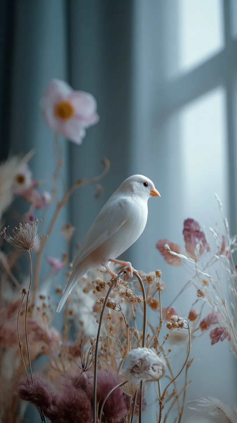 鳥壁紙の窓辺の白｜窓辺に止まる白い鳥を描いた壁紙。ドライフラワーの繊細な色合いと淡い光が、柔らかく幻想的な雰囲気を漂わせ、静かな時間を感じさせている。