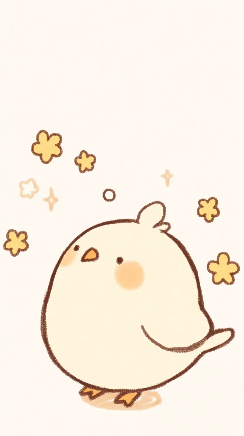 鳥壁紙の花ときらめき｜黄色い花のモチーフに囲まれた小鳥が描かれた壁紙。シンプルな線描とやわらかな色合いが、夢見るような愛らしい世界を演出している。