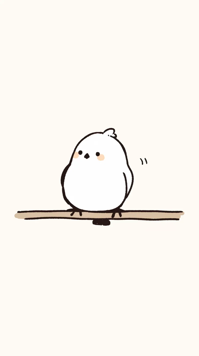 鳥壁紙の枝の上で｜小鳥が一本の枝にちょこんと乗る姿を描いた壁紙。背景の余白がその存在を際立たせ、揺れる仕草がシンプルながらも温かな雰囲気を伝えている。