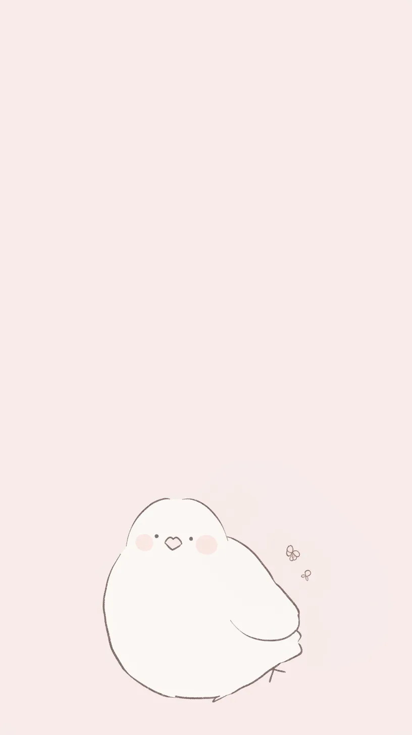 鳥壁紙のやさしいまなざし｜背景に淡いピンクを用い、ふんわりと描かれた小鳥が微笑む壁紙。柔らかな線と小さな蝶のモチーフが、穏やかで優しい空気感を広げている。